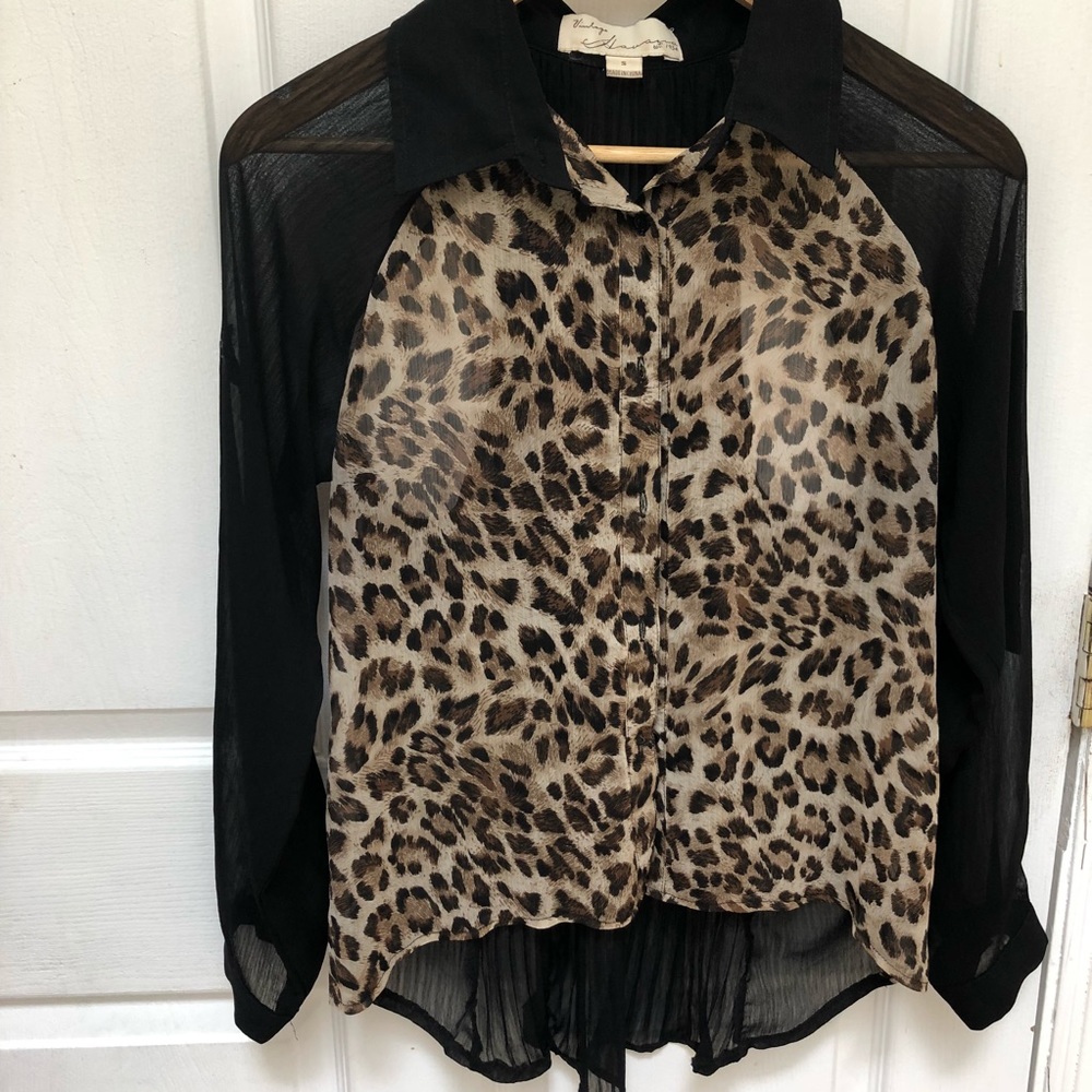 Black with cheetah print mesh blouse